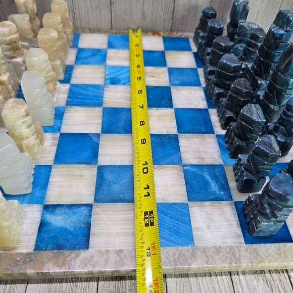 Vtg Aqua Blue White Marble Chess Board Carved Pieces Complete Set 13.5" x 13.5" - Picture 10 of 15